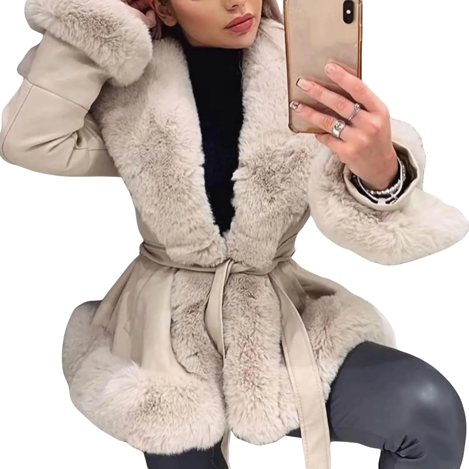 Yoawdats Women's Faux Leather Jacket Winter Faux Fur Plush Collar Long Sleeve Parka Thicken Warm Cardigan with Belt Outwear