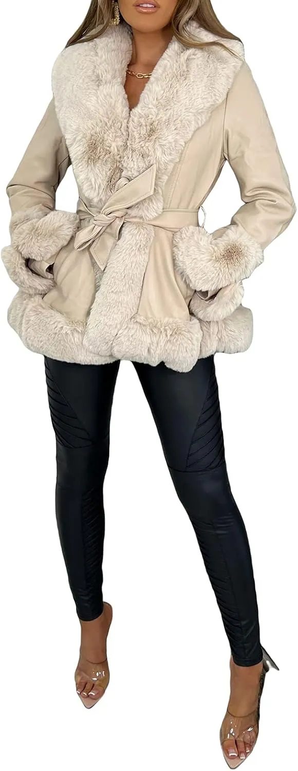 Yoawdats Women's Faux Leather Jacket Winter Faux Fur Plush Collar Long Sleeve Parka Thicken Warm Cardigan with Belt Outwear