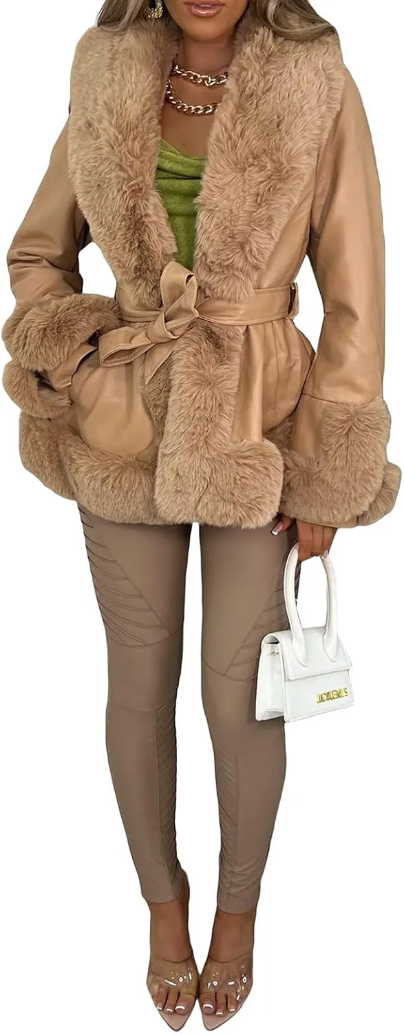 Yoawdats Women's Faux Leather Jacket Winter Faux Fur Plush Collar Long Sleeve Parka Thicken Warm Cardigan with Belt Outwear