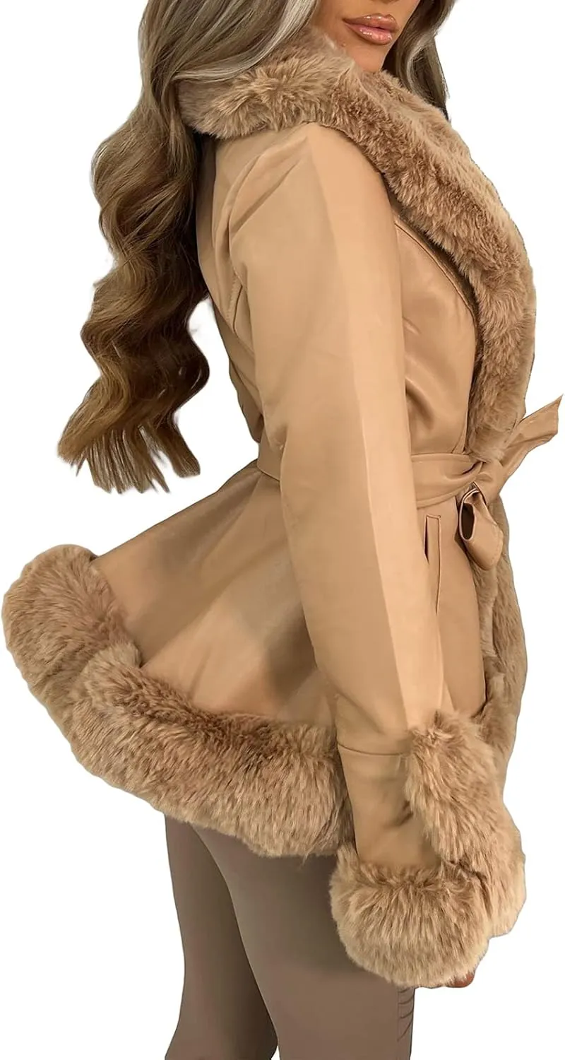 Yoawdats Women's Faux Leather Jacket Winter Faux Fur Plush Collar Long Sleeve Parka Thicken Warm Cardigan with Belt Outwear