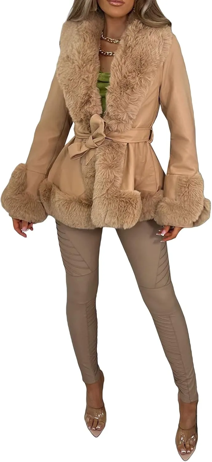 Yoawdats Women's Faux Leather Jacket Winter Faux Fur Plush Collar Long Sleeve Parka Thicken Warm Cardigan with Belt Outwear