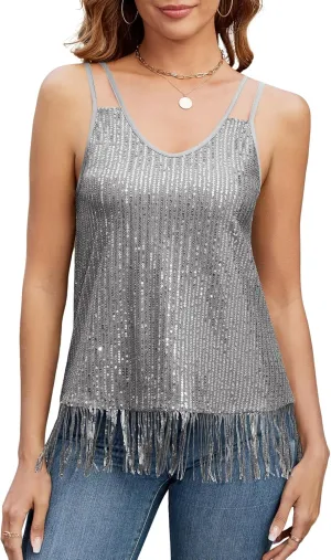 ZAFUL Women's Fashionable Loose Camisole top with Delicate Sequin Tassel Vest