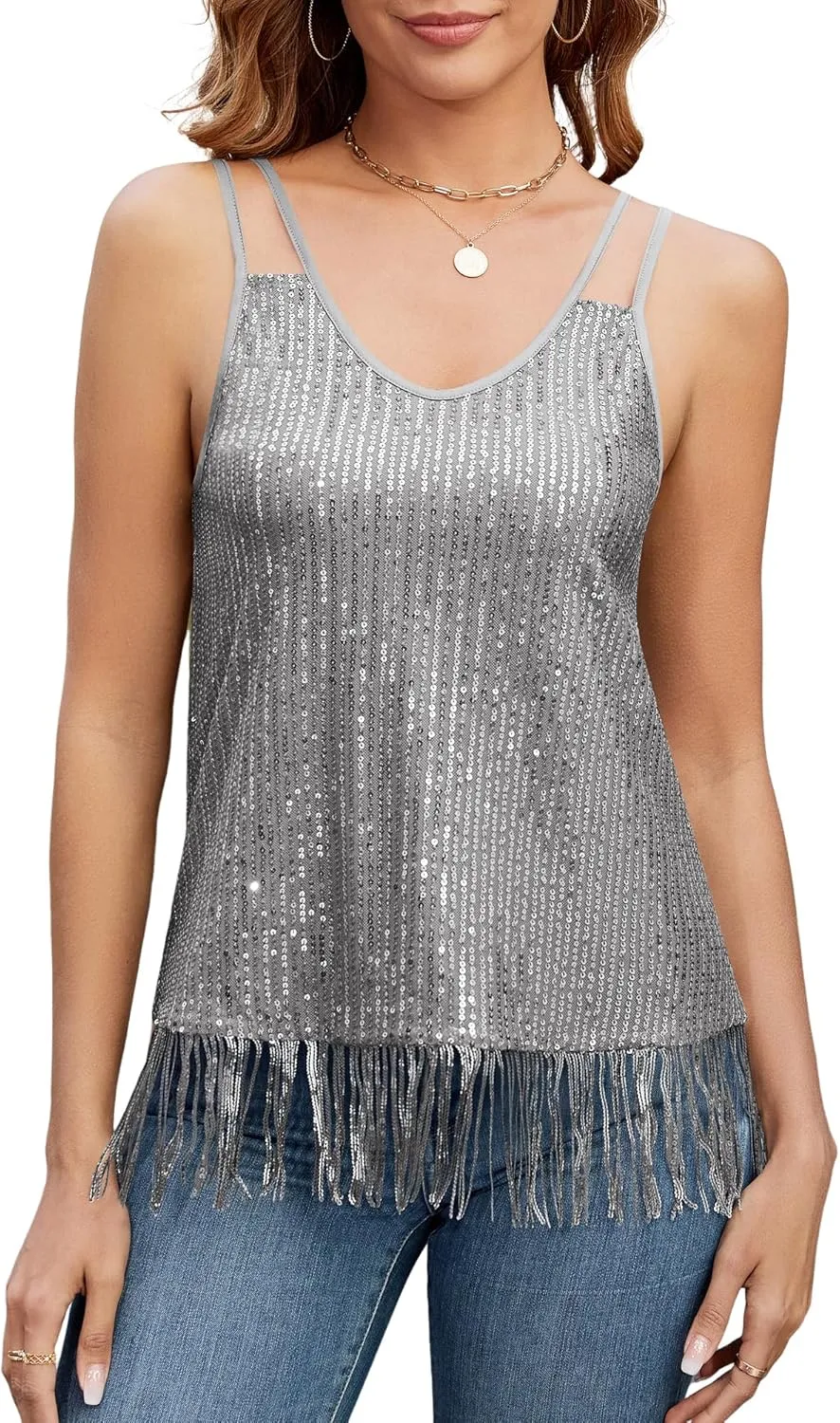 ZAFUL Women's Fashionable Loose Camisole top with Delicate Sequin Tassel Vest