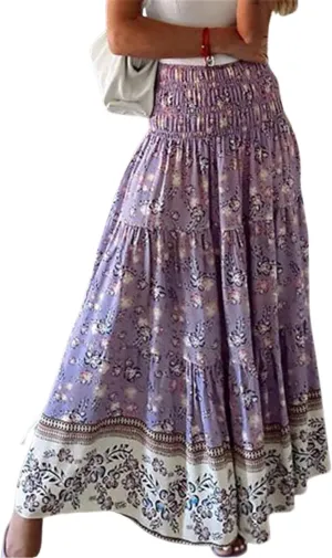 ZOCANIA Women's Floral Print Midi Skirt Boho Elastic High Waist Maxi Skirts for Women Ruffle Hem Flowy Casual Semi Skirt