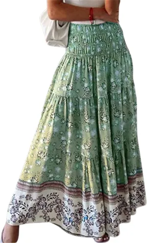 ZOCANIA Women's Floral Print Midi Skirt Boho Elastic High Waist Maxi Skirts for Women Ruffle Hem Flowy Casual Semi Skirt