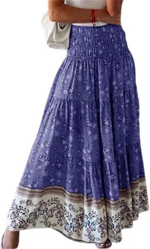 ZOCANIA Women's Floral Print Midi Skirt Boho Elastic High Waist Maxi Skirts for Women Ruffle Hem Flowy Casual Semi Skirt
